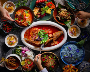 Malay Cuisine in SG : Traditional Malay lcoconut milk curry, and assorted side dishes