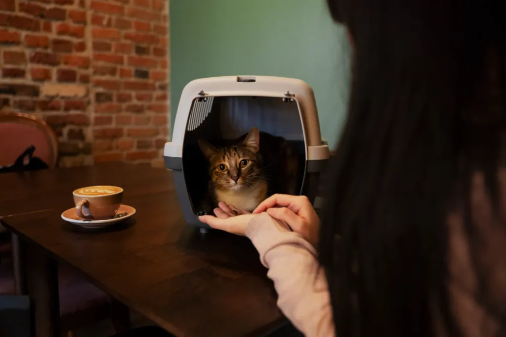 A woman gently offers her hand to a calm cat inside a carrier on a wooden table, with a latte cup nearby, set against a brick wall background.