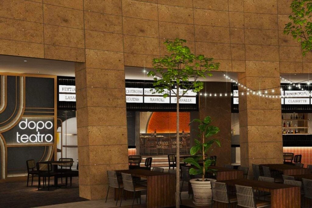 Outdoor courtyard of Dopo Teatro restaurant with wooden tables, chairs, and potted plants. Warm lighting creates an inviting, cozy ambiance.