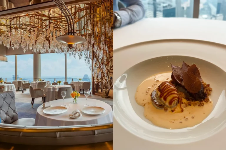 An elegant fine dining room with crystal chandeliers and floor-to-ceiling city views, paired with a gourmet chocolate and cream dessert.