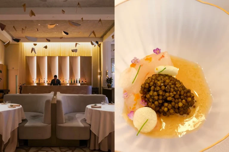 A sophisticated modern restaurant lounge with a stylish bar and a close-up of a luxury appetizer featuring premium caviar and edible flowers.