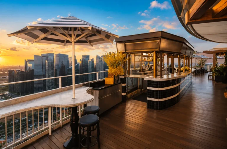 Elegant romantic rooftop dining Singapore setting at a rooftop bar with wooden deck, bar stools, tables, and umbrellas overlooking the Singapore skyline at sunset, offering stunning views of Marina Bay, Marina Bay Sands, and the Singapore Flyer. Perfect for a romantic date night, corporate events, or celebrations, this restaurant in Singapore ranks among the most romantic restaurants and rooftop restaurants, serving fine dining experiences that blend contemporary Asian cuisine with Italian restaurant classics. Guests enjoy great food, steaks, wine, signature cocktails, and an imaginative menu by an executive chef, paired with impeccable service and a la carte dishes from a new menu. The city skyline and city lights create breathtaking views and skyline views at sea level, with the location at Collyer Quay surrounded by world‑class restaurants, bar spaces, and dining options. Whether for lunch, dinner, afternoon bites, or evening occasions, friends and couples sip drinks, explore flavours, and feast on quality food in an elegant yet casual space. Every meal is a blend of taste, fun, and delight, with each bite a note of flavour against a backdrop that invites you to soak in the moment, miss nothing, and literally explore the best dishes, cocktails, and events Singapore has to offer, with access to the east and tickets to unforgettable occasions.