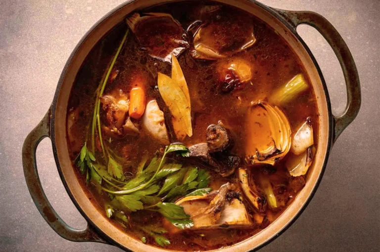 Rich brown broth in a pot with vegetables, herbs, and simmering bones. The scene is warm and inviting, evoking a sense of comfort and home cooking.