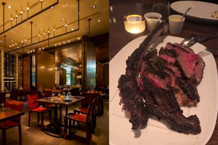 A moody, upscale steakhouse dining room next to a large platter of perfectly sliced, medium-rare tomahawk ribeye steak.
