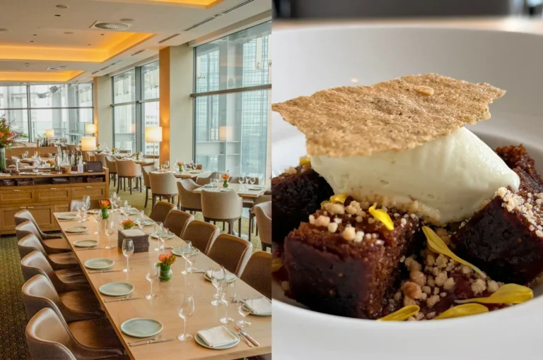 A bright, contemporary restaurant with a long wooden banquet table and a gourmet dessert featuring dark chocolate cake and vanilla cream.