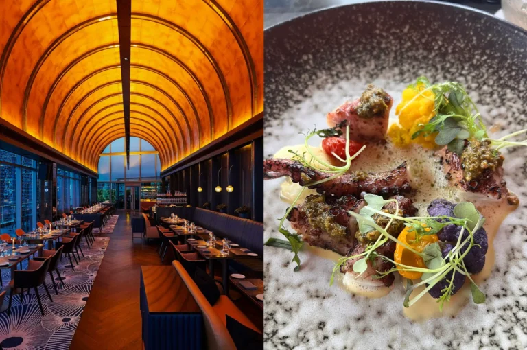 A grand restaurant interior with a stunning illuminated arched ceiling, paired with a beautifully plated grilled octopus dish with colorful garnishes.