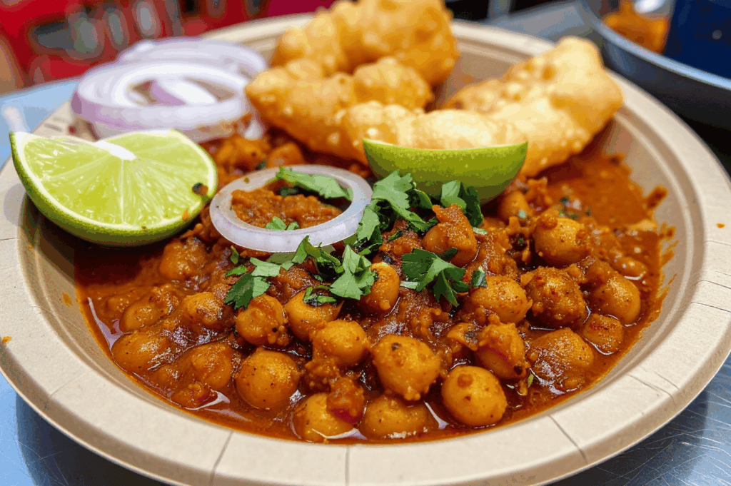 Classic North Indian street food plate featuring spicy chole (chickpea curry) topped with cilantro and red onion, served with two golden bhature and lime wedges—capturing the bold, comforting flavors of Little India, Singapore.