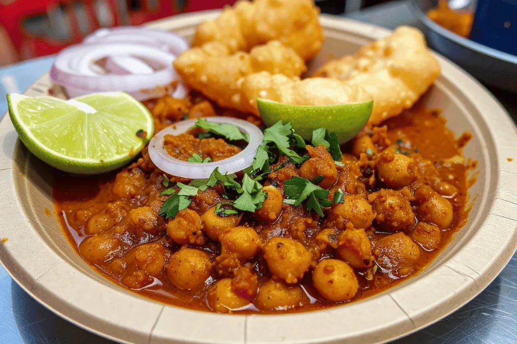 Classic North Indian street food plate featuring spicy chole (chickpea curry) topped with cilantro and red onion, served with two golden bhature and lime wedges—capturing the bold, comforting flavors of Little India, Singapore.