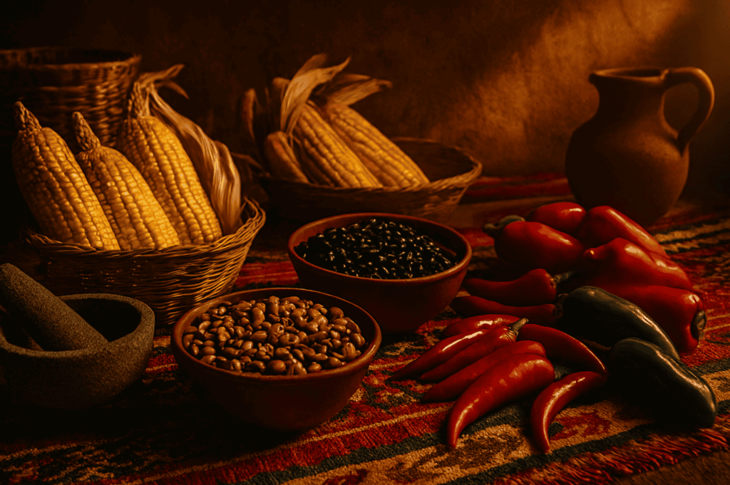 Rustic display of Mexican culinary heritage featuring corn husks, black beans, refried beans, fresh fruit, and corn tortillas on a woven textile, symbolizing the heart of Mexican food, Mexican street food, and Mexican cuisine. Surrounded by fresh ingredients for authentic Mexican food and authentic Mexican flavours, the scene evokes bold flavours, exciting flavours, and the nutritional value of Mexican staples. Perfect for an article on Mexican dishes from tacos, shrimp tacos, chicken enchiladas, tortilla soup, quesadillas, sopa azteca, carne asada, cochinita pibil, al pastor, and mole poblano, to fried corn tortillas, large tortillas, and Mexican pizza. Highlights salsa verde, tortilla chips, hot sauce, creamy sauce, lime juice, all the toppings, and various fillings including vegan options and other fillings. Captures the lively atmosphere of Mexican restaurants in Mexico City and beyond, from Tex Mex spots like Guzman y Gomez to traditional venues commonly served when visiting Mexico. References hot drink traditions like Mexican hot chocolate, hot chocolate, bitter drink, non alcoholic beverage, refreshing beverage, naturally sweet juices, and alcoholic beverages on the drinks menu. Connects to maguey plant, annatto seed, and banana leaves used in authentic Mexican cooking. Represents main meal and small portion options, dish presentations with chicken, meat, cheese, vegetables, salad, soup, and other ingredients, showing the diversity of food, meal, and cuisine in Mexico.