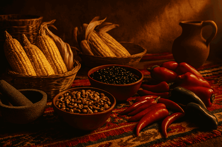 Rustic display of Mexican culinary heritage featuring corn husks, black beans, refried beans, fresh fruit, and corn tortillas on a woven textile, symbolizing the heart of Mexican food, Mexican street food, and Mexican cuisine. Surrounded by fresh ingredients for authentic Mexican food and authentic Mexican flavours, the scene evokes bold flavours, exciting flavours, and the nutritional value of Mexican staples. Perfect for an article on Mexican dishes from tacos, shrimp tacos, chicken enchiladas, tortilla soup, quesadillas, sopa azteca, carne asada, cochinita pibil, al pastor, and mole poblano, to fried corn tortillas, large tortillas, and Mexican pizza. Highlights salsa verde, tortilla chips, hot sauce, creamy sauce, lime juice, all the toppings, and various fillings including vegan options and other fillings. Captures the lively atmosphere of Mexican restaurants in Mexico City and beyond, from Tex Mex spots like Guzman y Gomez to traditional venues commonly served when visiting Mexico. References hot drink traditions like Mexican hot chocolate, hot chocolate, bitter drink, non alcoholic beverage, refreshing beverage, naturally sweet juices, and alcoholic beverages on the drinks menu. Connects to maguey plant, annatto seed, and banana leaves used in authentic Mexican cooking. Represents main meal and small portion options, dish presentations with chicken, meat, cheese, vegetables, salad, soup, and other ingredients, showing the diversity of food, meal, and cuisine in Mexico.