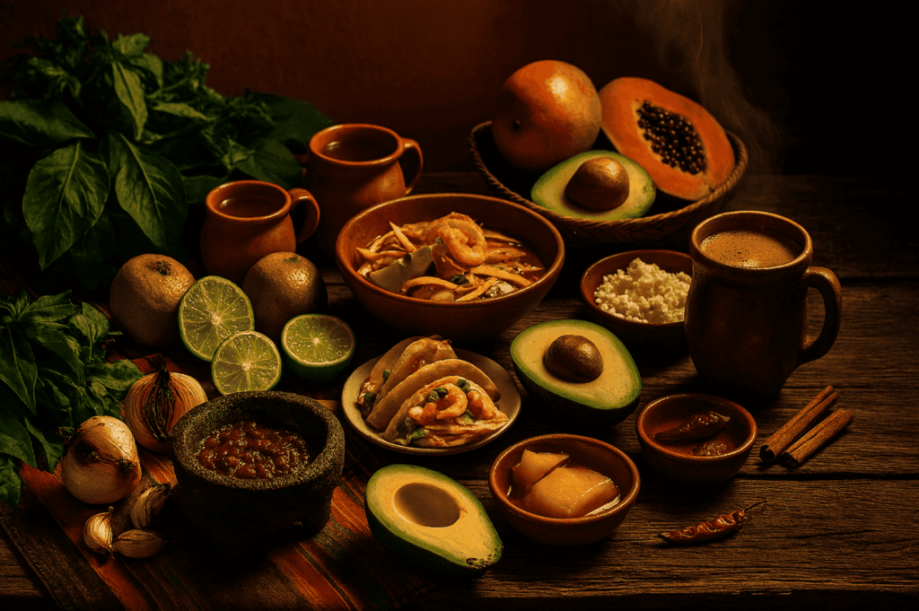 Colorful spread of Mexican culinary traditions showcasing Mexican food, Mexican street food, and Mexican cuisine with street food favorites like shrimp tacos, tacos, chicken enchiladas, tortilla soup, quesadillas, sopa azteca, fried corn tortillas, and Mexican pizza, prepared as authentic Mexican food rich in authentic Mexican flavours. The rustic table features corn tortillas, large tortillas, tortilla chips with salsa verde, refried beans, black beans, hot sauce, creamy sauce, lime juice, all the toppings, various fillings, other fillings, vegan options, fresh fruit, salad, soup, vegetables, cheese, meat, chicken, and other ingredients made from fresh ingredients and Mexican staples like corn, corn husks, maguey plant, annatto seed, and banana leaves. Highlights carne asada, al pastor, mole poblano, cochinita pibil, Tex Mex favorites from Guzman y Gomez, and best Mexican foods commonly served in Mexican restaurants in Mexico City and beyond. The drinks menu includes Mexican hot chocolate, hot chocolate, hot drink traditions, alcoholic beverages, non alcoholic beverage options, refreshing beverage choices, naturally sweet juices, and bitter drink specialties, evoking the lively atmosphere of visiting Mexico. This main meal and small portion mix delivers bold flavours, exciting flavours, nutritional value, and even an acquired taste, celebrating authentic Mexican food, meal, and cuisine in every dish served in a restaurant setting.