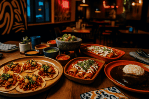 A vibrant spread of Mexican food in a cozy restaurant with a lively atmosphere, showcasing authentic Mexican food and authentic Mexican flavours from Mexican street food culture and Mexican cuisine. On a rustic wooden table, colorful Mexican dishes include al pastor tacos with all the toppings, chicken enchiladas in mole poblano and creamy sauce, fried corn tortillas with salsa verde, tortilla chips with refried beans and black beans, shrimp tacos, quesadillas, and tortilla soup (sopa azteca). Plates of cochinita pibil, carne asada, and tex mex Mexican pizza sit beside vegan options wrapped in banana leaves and corn husks, plus various fillings and other fillings in large tortillas and corn tortillas. Drinks from the drinks menu include Mexican hot chocolate, a hot drink and hot chocolate with a bitter drink profile, alcoholic beverages, non alcoholic beverage choices, a refreshing beverage with lime juice, and naturally sweet fresh fruit juices. Decorative touches nod to Mexico City, visiting Mexico, and Mexican staples like corn, meat, chicken, cheese, vegetables, and fresh ingredients from the maguey plant and annatto seed. This main meal and small portion mix offers bold flavours, exciting flavours, and nutritional value, with soup, salad, and other ingredients that are commonly served in the best Mexican foods at Mexican restaurants from Mexico to Guzman y Gomez.