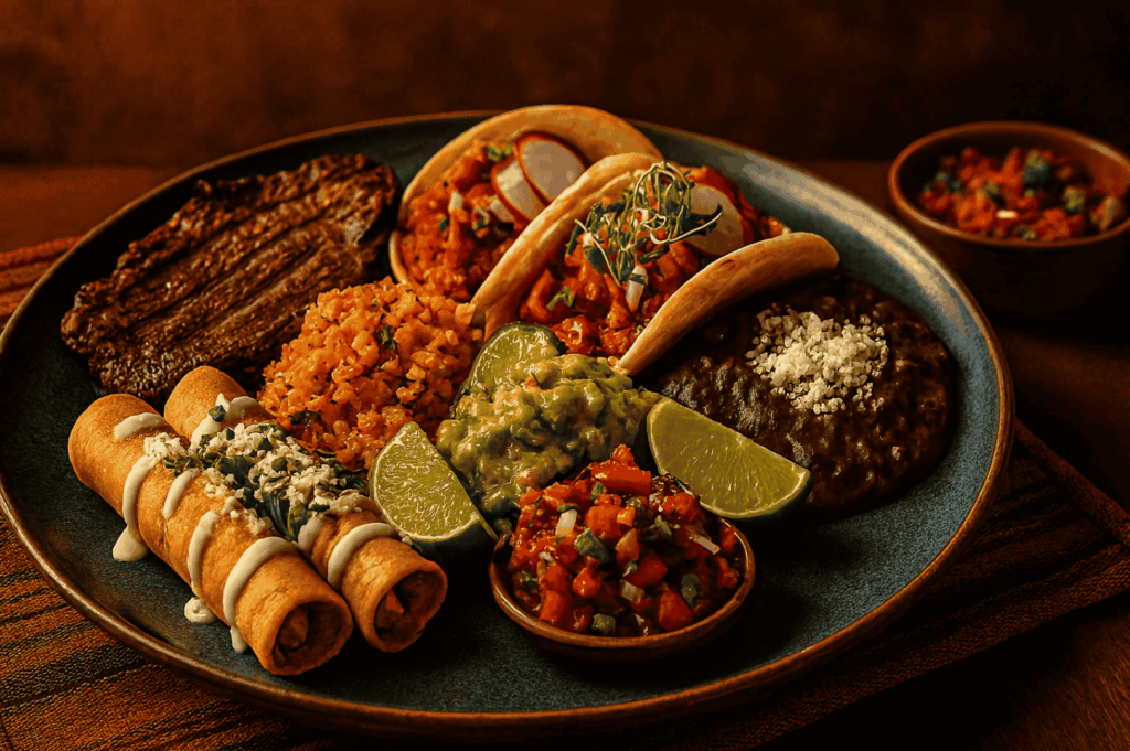 Beautifully plated Mexican feast showcasing Mexican food, Mexican street food, and Mexican cuisine with street food favorites like shrimp tacos, tacos, chicken enchiladas, tortilla soup, quesadillas, sopa azteca, fried corn tortillas, and Mexican pizza, prepared as authentic Mexican food rich in authentic Mexican flavours. The dish includes corn tortillas, large tortillas, tortilla chips with salsa verde, refried beans, black beans, hot sauce, creamy sauce, lime juice, all the toppings, various fillings, other fillings, vegan options, fresh fruit, salad, soup, vegetables, cheese, meat, chicken, and other ingredients made from fresh ingredients and Mexican staples like corn, corn husks, maguey plant, annatto seed, and banana leaves. Highlights carne asada, al pastor, mole poblano, cochinita pibil, Tex Mex favorites from Guzman y Gomez, and best Mexican foods commonly served in Mexican restaurants in Mexico City and across Mexico. The drinks menu features Mexican hot chocolate, hot chocolate, hot drink traditions, alcoholic beverages, non alcoholic beverage options, refreshing beverage choices, naturally sweet juices, and bitter drink specialties, evoking the lively atmosphere of visiting Mexico. This main meal and small portion mix delivers bold flavours, exciting flavours, nutritional value, and even an acquired taste, celebrating authentic Mexican food, meal, and cuisine in every dish served in a restaurant setting.