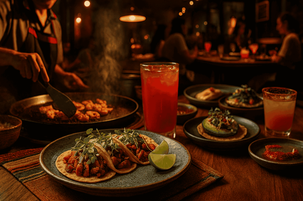 Vibrant Mexican dining scene showcasing Mexican food, Mexican street food, and Mexican cuisine with street food favorites like shrimp tacos, tacos, chicken enchiladas, tortilla soup, quesadillas, sopa azteca, fried corn tortillas, and Mexican pizza, prepared as authentic Mexican food rich in authentic Mexican flavours. The table features corn tortillas, large tortillas, tortilla chips with salsa verde, refried beans, black beans, hot sauce, creamy sauce, lime juice, all the toppings, various fillings, other fillings, vegan options, fresh fruit, salad, soup, vegetables, cheese, meat, chicken, and other ingredients made from fresh ingredients and Mexican staples like corn, corn husks, maguey plant, annatto seed, and banana leaves. Highlights carne asada, al pastor, mole poblano, cochinita pibil, Tex Mex favorites from Guzman y Gomez, and best Mexican foods commonly served in Mexican restaurants in Mexico City and across Mexico. The drinks menu includes Mexican hot chocolate, hot chocolate, hot drink traditions, alcoholic beverages, non alcoholic beverage options, refreshing beverage choices, naturally sweet juices, and bitter drink specialties, evoking the lively atmosphere of visiting Mexico. This main meal and small portion mix delivers bold flavours, exciting flavours, nutritional value, and even an acquired taste, celebrating authentic Mexican food, meal, and cuisine in every dish served in a restaurant setting.