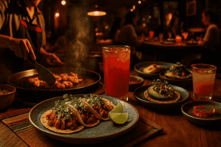 Vibrant Mexican dining scene showcasing Mexican food, Mexican street food, and Mexican cuisine with street food favorites like shrimp tacos, tacos, chicken enchiladas, tortilla soup, quesadillas, sopa azteca, fried corn tortillas, and Mexican pizza, prepared as authentic Mexican food rich in authentic Mexican flavours. The table features corn tortillas, large tortillas, tortilla chips with salsa verde, refried beans, black beans, hot sauce, creamy sauce, lime juice, all the toppings, various fillings, other fillings, vegan options, fresh fruit, salad, soup, vegetables, cheese, meat, chicken, and other ingredients made from fresh ingredients and Mexican staples like corn, corn husks, maguey plant, annatto seed, and banana leaves. Highlights carne asada, al pastor, mole poblano, cochinita pibil, Tex Mex favorites from Guzman y Gomez, and best Mexican foods commonly served in Mexican restaurants in Mexico City and across Mexico. The drinks menu includes Mexican hot chocolate, hot chocolate, hot drink traditions, alcoholic beverages, non alcoholic beverage options, refreshing beverage choices, naturally sweet juices, and bitter drink specialties, evoking the lively atmosphere of visiting Mexico. This main meal and small portion mix delivers bold flavours, exciting flavours, nutritional value, and even an acquired taste, celebrating authentic Mexican food, meal, and cuisine in every dish served in a restaurant setting.