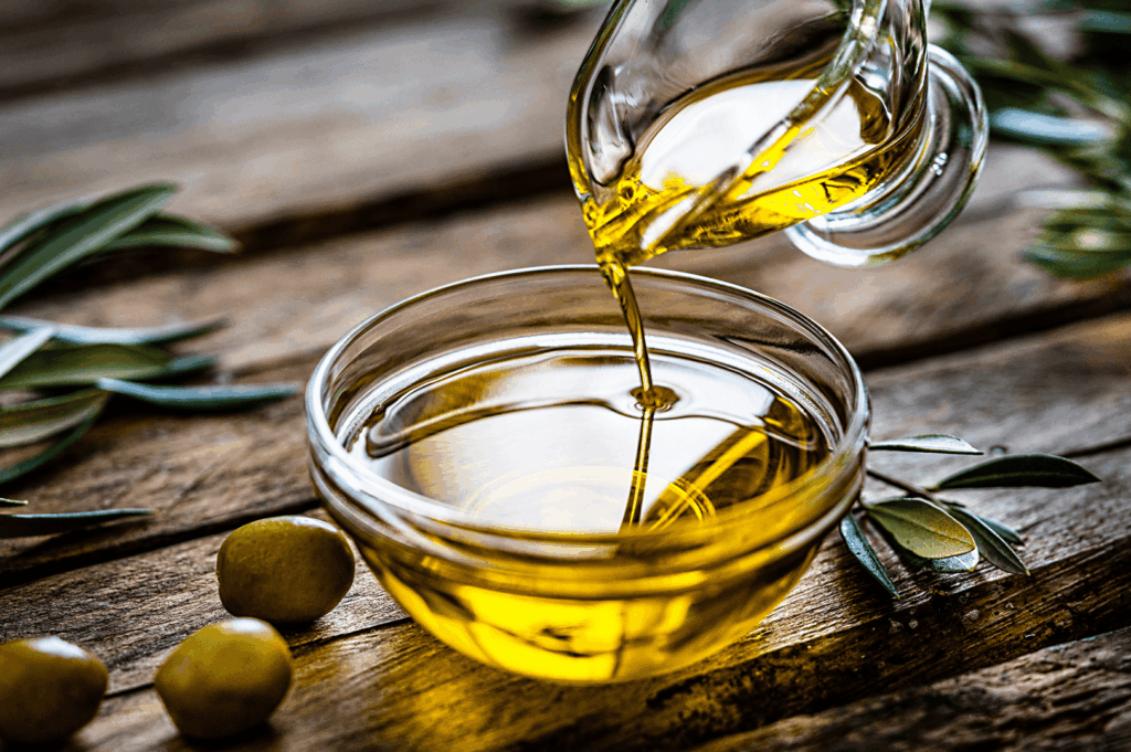 Golden olive oil being poured into a glass bowl on rustic wood, surrounded by fresh green olives and leaves, symbolizing the heart of Spanish cuisine and Spanish food. This essential ingredient in traditional Spanish dishes and traditional Spanish recipes adds rich flavor to every Spanish dish, from seafood paella — the national dish and most famous Spanish dish — to paella variations in rice dishes and Spanish classics like Spanish omelette, patatas bravas, rabo de toro, braised oxtail, and pimientos de padrón. In Spanish cooking, olive oil enhances famous Spanish dish favorites such as tomato sauce for tapas, mojo picón from the Canary Islands and Canarian cuisine, cold soup from Basque Country and La Rioja, and popular dishes like cured ham, chorizo, blood sausage, black pudding, pork fat stews, ground beef empanadas, meat roasts, chicken casseroles, and seafood specialties from the Iberian Peninsula. Served with fresh bread, crusty bread, or bread for dipping, these traditional dishes are perfect for a dinner party with loved ones, whether served hot or as popular tapa bites in a restaurant when you visit Spain. Pair with white rice, potatoes, deep fried snacks, bechamel sauce croquettes, dairy products, dessert and popular desserts like chocolate pastries, or other ingredients in cuisine from El Celler de and El Celler inspirations. A huge fan of traditional Spanish flavors will eat and savor the taste of this delicious food, enjoying every dish and meal Spain has to offer.