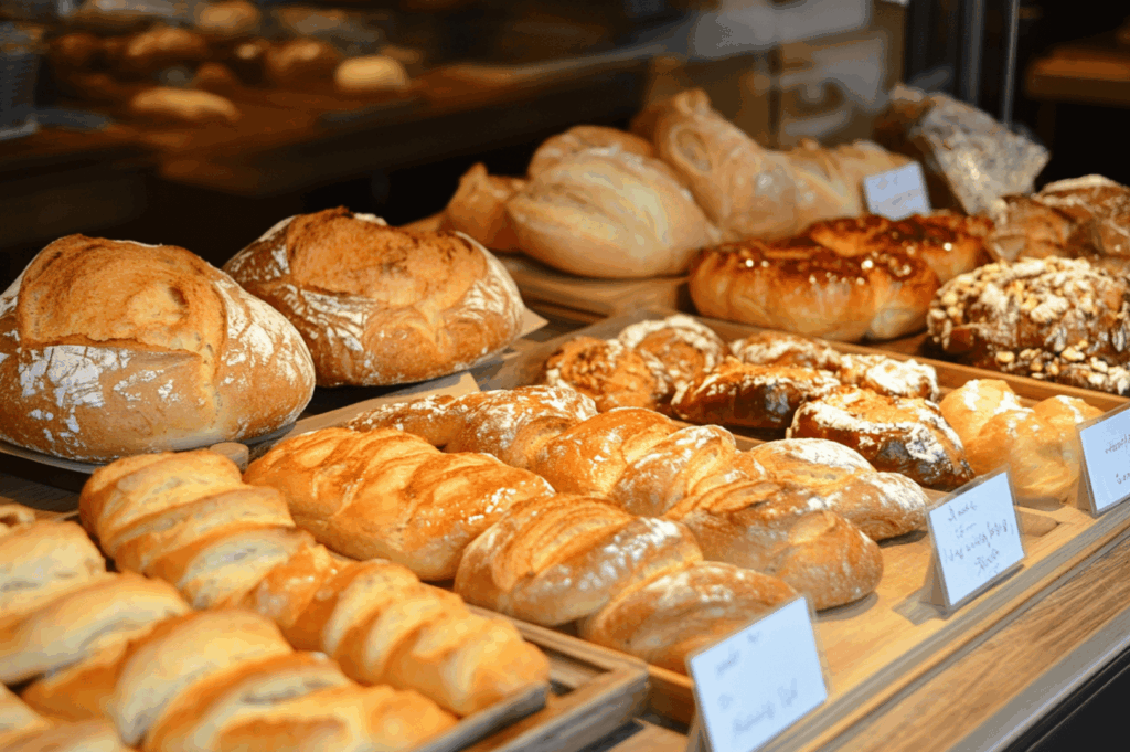Display of freshly baked bread in an Italian restaurant showcasing authentic Italian cuisine and Italian food, surrounded by iconic Italian dishes such as fresh pasta, stuffed pasta, pizza, risotto, and indulgent desserts, typically served with tomato sauce, meat sauce, pesto sauce, olive oil, extra virgin olive oil, balsamic vinegar, lemon juice, melted butter, parmesan cheese, mozzarella cheese, buffalo milk, and fresh vegetables. This traditional dish selection reflects the long history of Italian cooking from northern Italy to southern Italy, including pasta varieties, main courses, and many variations of recipes that vary depending on the region, from Emilia Romagna specialties to seafood, chicken, beef, and prosciutto. Food styling highlights ripe tomatoes, cannellini beans, pine nuts, wheat flour dough, potatoes, herbs, oregano, garlic, salt, butter, milk, and other primary ingredients used in great food and various sauces. The baked meal presentation shows a deep connection to Italy’s culture, where bread, pasta, meat, cheese, and desserts are served as part of a complete cooked feast.