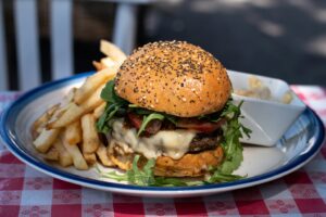American Food SG: Close up classic cheese burger with fries