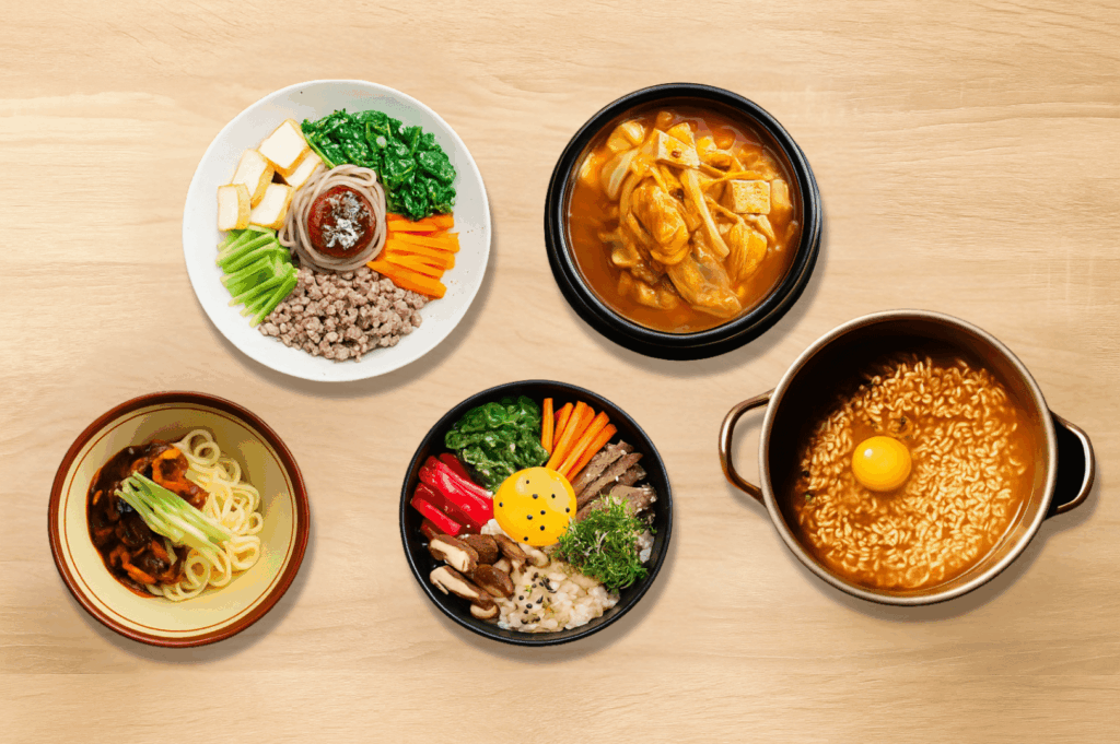 Assorted bowls of korean cuisine showcasing comforting korean dishes including bibimbap, black bean noodles, spicy tteokbokki sauce with rice cakes, korean-style ramen, and la carte dishes with tofu, vegetables, and gochujang—perfect for taste buds craving k bbq and korean food. This vibrant spread reflects authentic korean cooking and is featured in top korean restaurants in singapore such as charim korean bbq, wang dae bak, hanjip korean grill house, mul gogi korean bbq, don dae bak, dae bak, woo dae galbi, pohang seafood, and seoul restaurant. Ideal for la carte options, ala carte items, la carte menu, lunch sets, set menus, buffet menu, and sharing platter, these dishes pair well with grilled meats like pork belly, beef brisket, beef short rib, pork jowl, pork collar, marinated chicken, kurobuta berkshire pork, usda prime beef, and prime beef. Found in kbbq restaurants and korean bbq restaurant locations near clarke quay and jalan jurong kechil, offering korean charcoal bbq, bbq sets, pork set, bbq menu, premium meat cuts, premium cuts, and main grill selections. Enjoy steamed dumplings, kimchi stew, kimchi fried rice, fried rice, seafood pancake, kimchi pancake, fried chicken, korean fried chicken, chewy rice cakes, mozzarella cheese, free flow eggs, side dishes, comfort food, sharing dishes, private dining rooms, attentive service, special occasions, and the four flavours from sister brand rochester chingu—celebrating the best korean barbecue and korean cuisine in singapore with every korean term and bite.