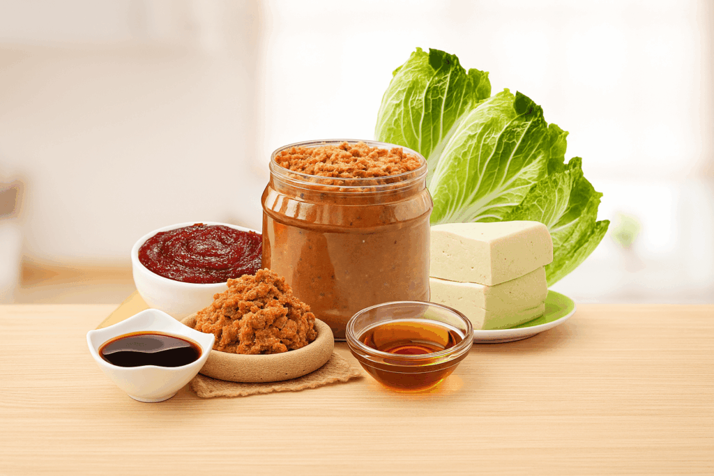 Artfully arranged Korean cooking ingredients including fermented soybean paste, red chili paste, soy sauce, sesame oil, tofu blocks, and napa cabbage—ideal for preparing comforting Korean dishes like kimchi stew, pork belly wraps, and rice cakes. This authentic Korean cuisine setup reflects the flavors found at top Korean restaurants in Singapore such as Charim Korean BBQ, Wang Dae Bak, and Hanjip Korean Grill House. Perfect for la carte dishes, side dishes, and sharing platters featured in Korean BBQ restaurant menus across Clarke Quay and Jalan Jurong Kechil, offering premium meat cuts, grilled meats, and attentive service for special occasions.