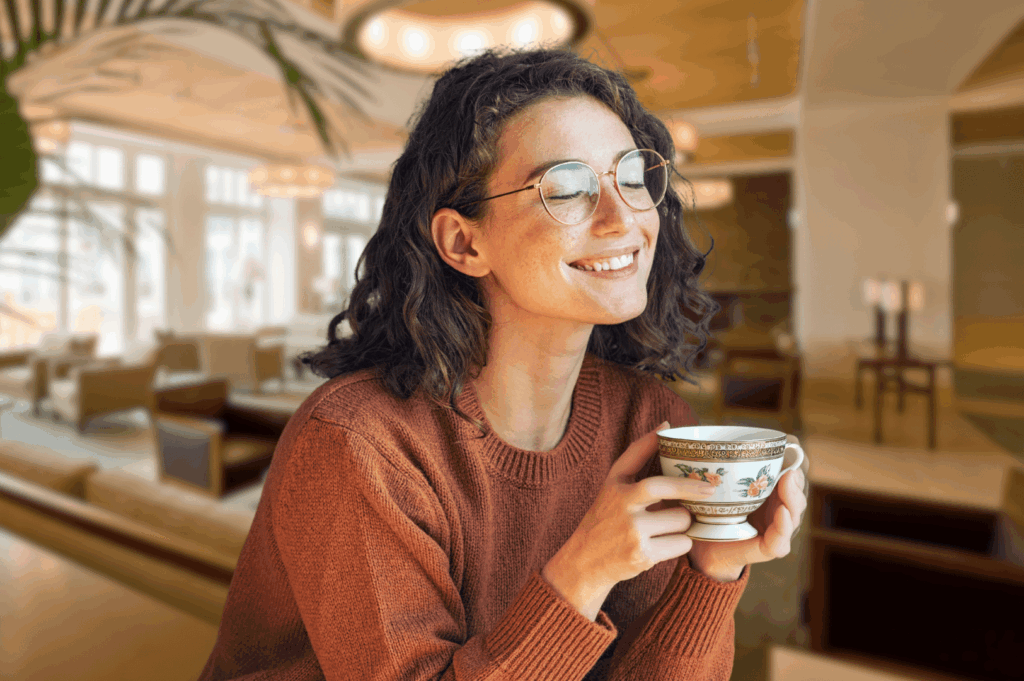 Smiling guest in a rust-colored sweater enjoying afternoon tea in a modern Singapore café, holding a decorative teacup with both hands. Surrounded by soft lighting, plush seating, and large windows, the cozy setting captures the personal joy and relaxed elegance of Singapore’s contemporary tea culture.