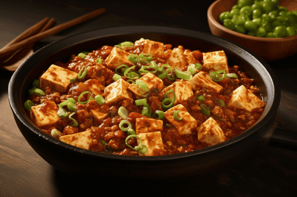 A close-up of Mapo Tofu served in a black bowl, its vibrant red sauce glistening with chili oil and flecked with ground meat, green onions, and fermented bean paste—hallmarks of Sichuan cuisine. The tofu cubes sit in a thick, spicy gravy that radiates heat and umami. In the background, a wooden bowl of green peas and chopsticks evoke rustic simplicity. This image spotlights the bold, fiery character of regional Chinese flavors flourishing in Singapore beyond Cantonese traditions.