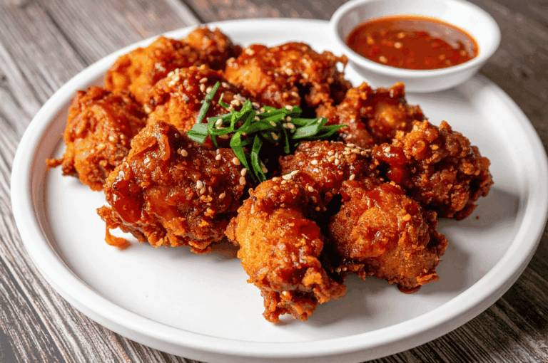 Close-up of Korean-style fried chicken glazed in a glossy sweet-spicy sauce, garnished with sesame seeds and chopped scallions, served on a white plate with a rustic wooden backdrop. A small bowl of dipping sauce adds contrast and depth. This image highlights the bold flavors and visual appeal of Korean comfort food, reflecting its rising popularity and adaptation within Singapore’s evolving culinary landscape.