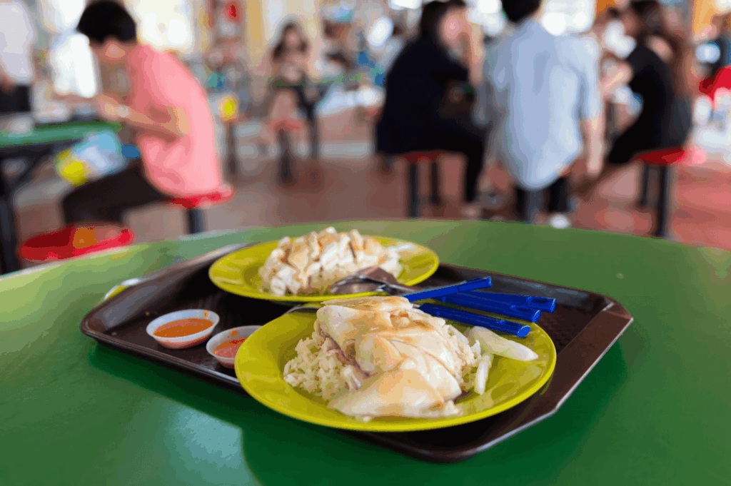 Two plates of Hainanese chicken rice served on a brown tray in a bustling hawker center—featuring tender poached chicken over fragrant rice, accompanied by chili and soy dipping sauces and blue plastic utensils—capturing the everyday accessibility and regional influence that shape modern interpretations of Malay cuisine.