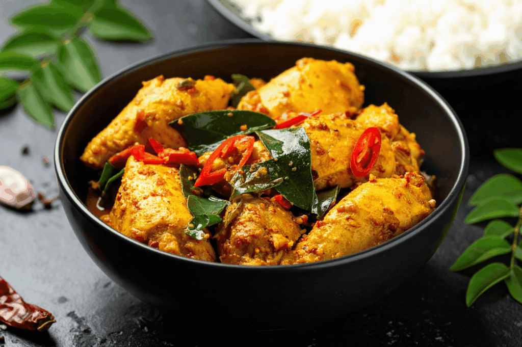 A richly spiced bowl of South Indian-style chicken garnished with red chili slices and fresh curry leaves, set against a moody dark surface with scattered dried chilies and herbs. A bowl of white rice in the background hints at a complete meal, while the golden-orange spice blend evokes the bold, aromatic flavors of regional Indian cuisine. The dramatic lighting and vibrant colors reflect Singapore’s 2025 culinary celebration of spice, tradition, and sensory depth.