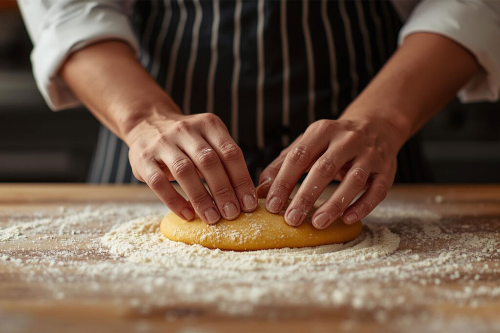 Close-up of a chef's hands, wearing a striped apron, kneading a smooth, yellow oval of fresh pasta or pizza dough on a wooden surface dusted generously with white flour.