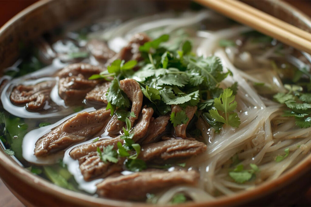 Extreme close-up of a steaming bowl of Vietnamese Pho noodle soup, showcasing sliced beef, clear broth, rice noodles, bean sprouts, and fresh cilantro.