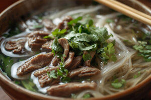 Extreme close-up of a steaming bowl of Vietnamese Pho noodle soup, showcasing sliced beef, clear broth, rice noodles, bean sprouts, and fresh cilantro.