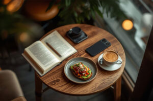 Overhead view of a wooden cafe table with a notebook, pen, smartphone, camera, a latte, and an open-faced avocado toast on a plate.