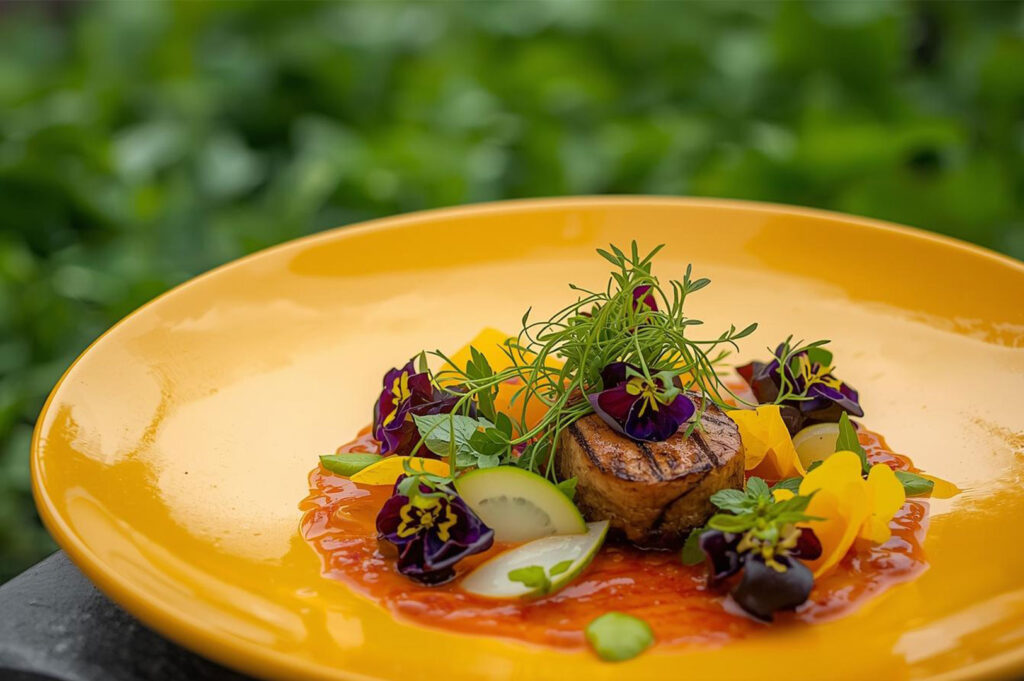 Close-up of a beautifully plated gourmet dish on a bright yellow plate, featuring a seared meat or vegetable with microgreens, edible flowers, and a red sauce.