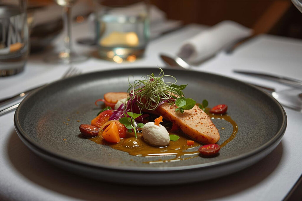 Close-up of a beautifully plated gourmet appetizer on a matte black plate, featuring a slice of protein, a dollop of white mousse, chopped vegetables (like tomatoes/citrus), microgreens, and a savory sauce drizzle in a fine dining setting.
