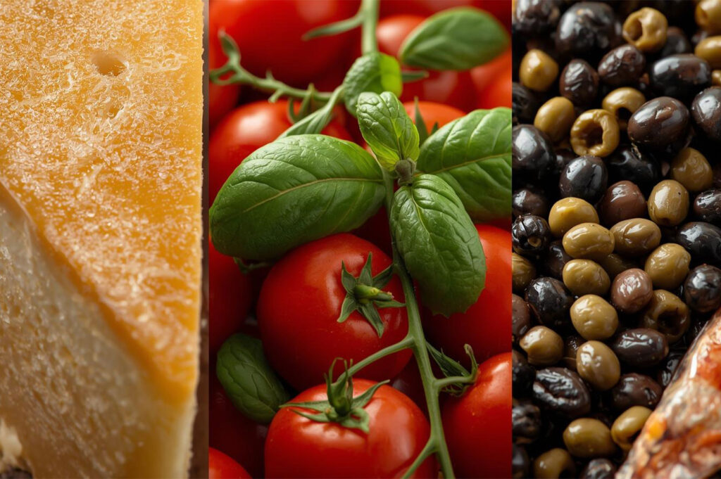 Vertical triptych of classic Italian ingredients: a close-up of Parmesan cheese, fresh tomatoes and basil, and a mix of green and black olives.