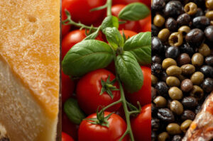 Vertical triptych of classic Italian ingredients: a close-up of Parmesan cheese, fresh tomatoes and basil, and a mix of green and black olives.