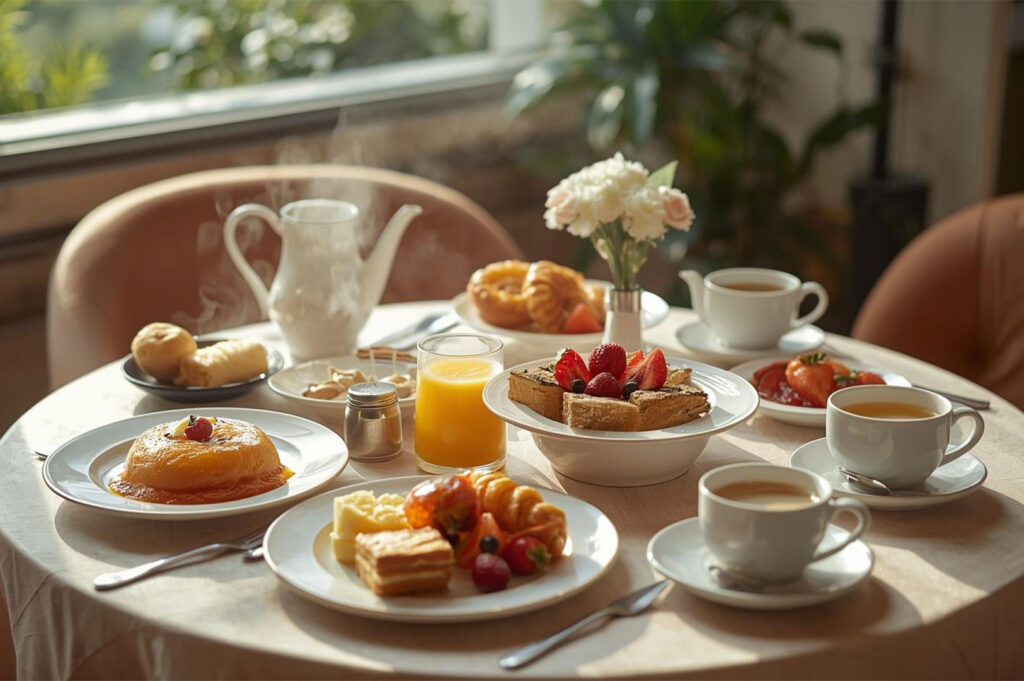 A beautifully laid-out breakfast table featuring toast with strawberries, orange juice, coffee, pastries, and a warm, steamed pudding dish in a sunny dining room