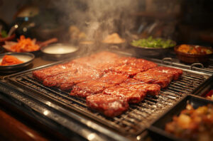 Close-up of marinated Korean BBQ beef short ribs (Galbi) sizzling and smoking on a rectangular metal grill grate, surrounded by small banchan dishes.