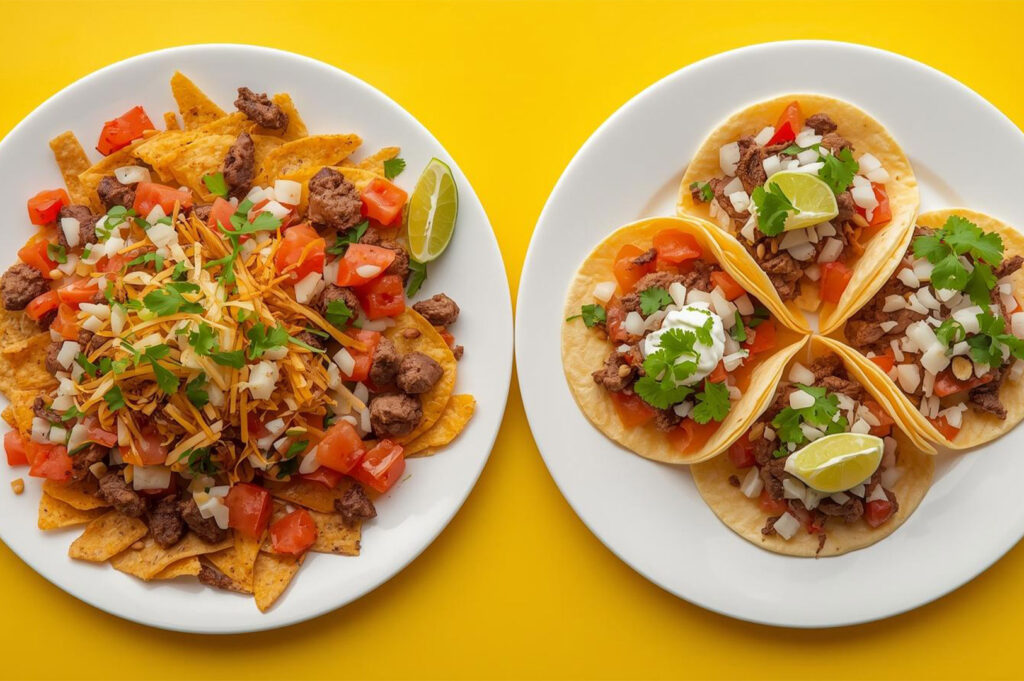 Overhead shot of two white plates of Mexican food on a bright yellow background. One plate contains fully loaded nachos with meat and diced tomatoes, and the other plate holds four street-style tacos topped with meat, onion, cilantro, and lime wedges.