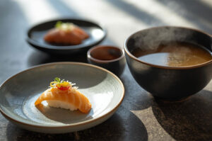 Close-up of a modern, single piece of gourmet salmon nigiri sushi on a grey plate, served alongside a steaming bowl of miso soup and a small cup, illuminated by sunlight in a fine dining setting.