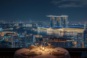 Romantic restaurant table setting with wine glasses and candlelight, overlooking the illuminated Singapore skyline, including the iconic Marina Bay Sands complex at night.