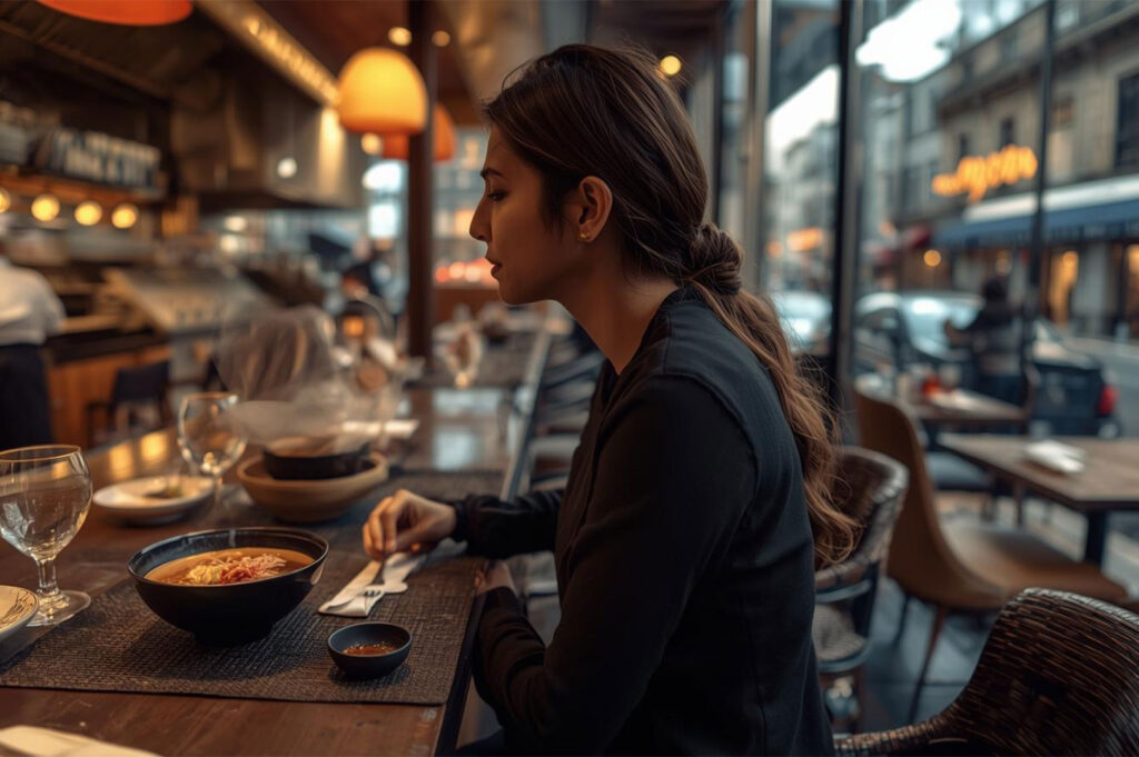 A woman in a black shirt sitting at a restaurant table near a large window overlooking the street, focused on eating a bowl of ramen or soup.
