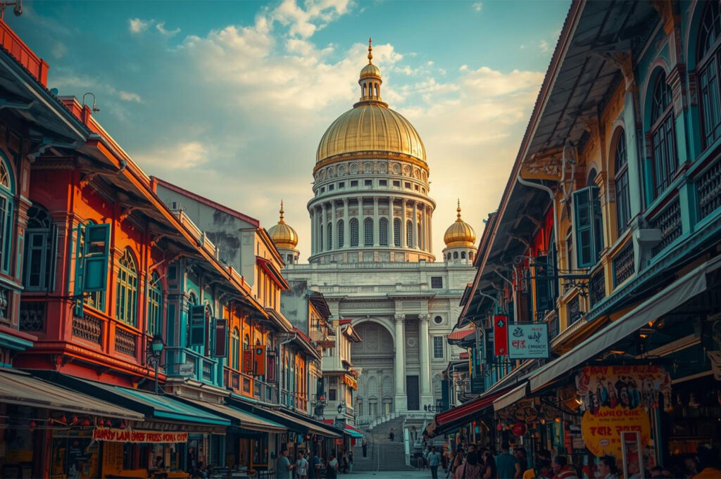Majestic view of the Sultan Mosque (Masjid Sultan) in Kampong Glam, Singapore, with its large golden dome framed by two rows of colorful, traditional shophouses.