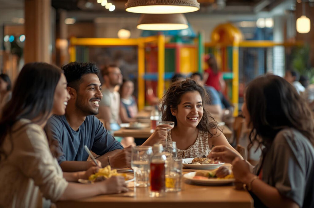 A group of a happy family sitting around a wooden table in a busy, casual restaurant with a blurred, colorful indoor playground area in the background.