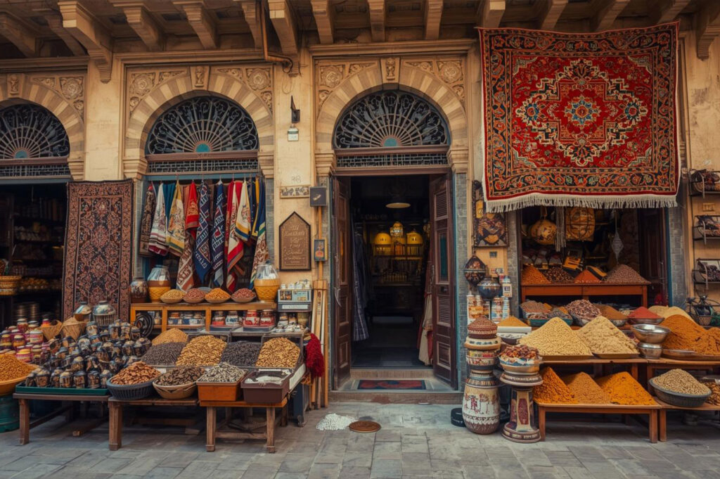 Exterior of a storefront on Arab Street overflowing with mounds of bright spices, nuts, and dried fruits, with colorful textiles and a large red rug hanging above.