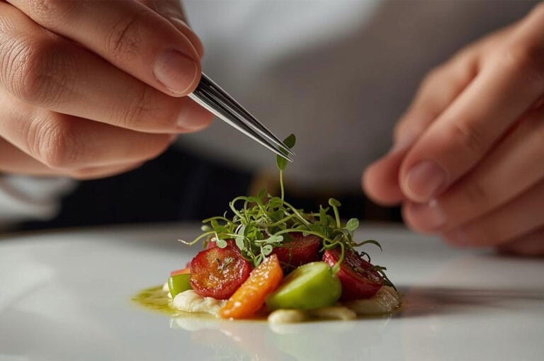 Close-up of a chef's hands meticulously placing a microgreen garnish onto a small, gourmet appetizer using fine-tipped tweezers, emphasizing attention to detail and fine dining.