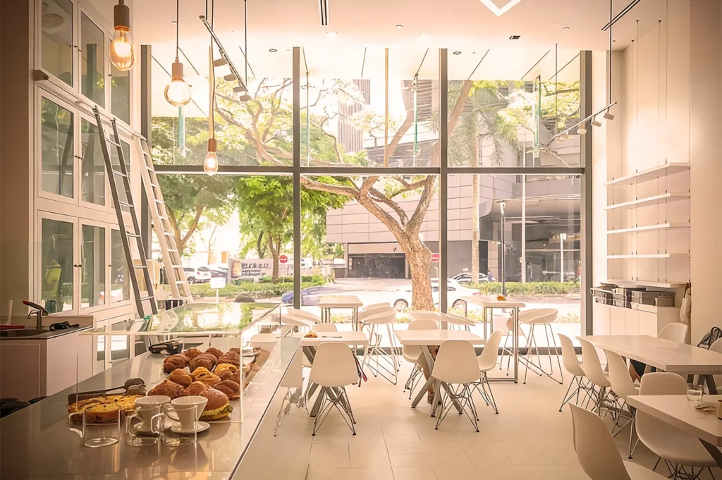 Sunlit café with floor‑to‑ceiling glass windows, white furniture, pastries on display, and a clean Scandinavian design.