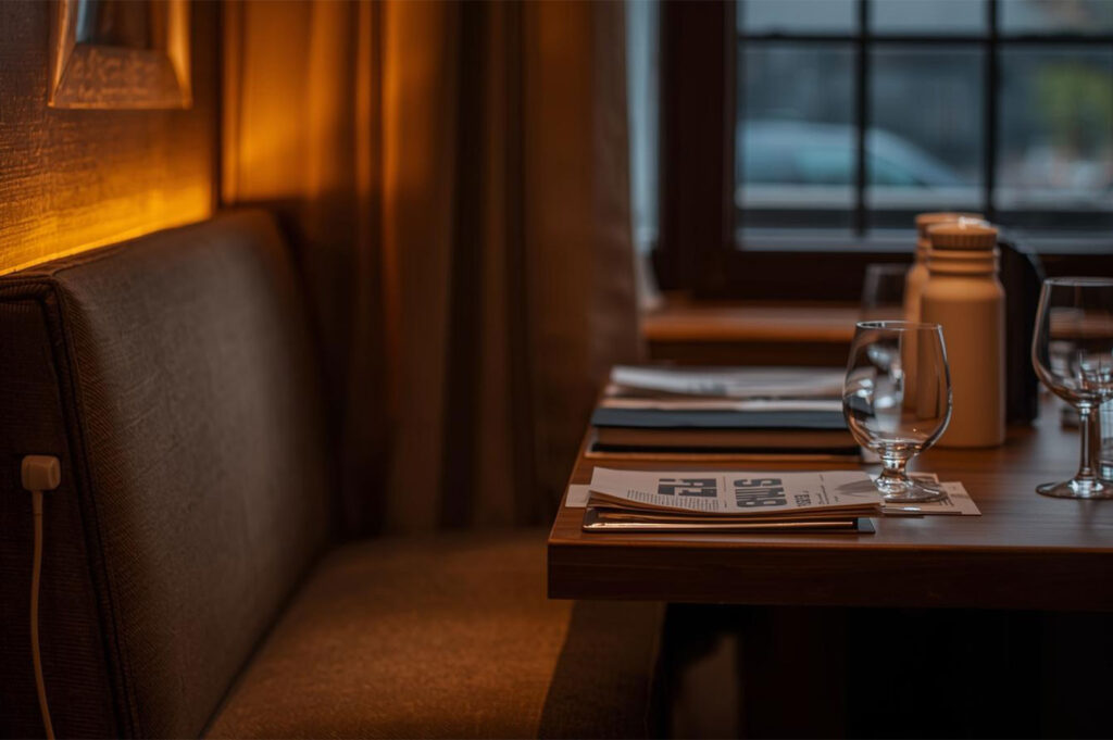 A warmly lit, inviting restaurant booth with a dark, textured backrest, a wooden table set with wine glasses, and menus, suggesting a private, cozy dining experience.