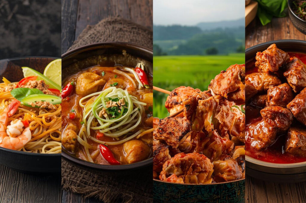 A collage of four images showcasing the regional variety of Thai cuisine, featuring a noodle dish with shrimp, a red curry soup, grilled chicken satay or skewers set against a rice paddy, and a dark, rich beef curry.